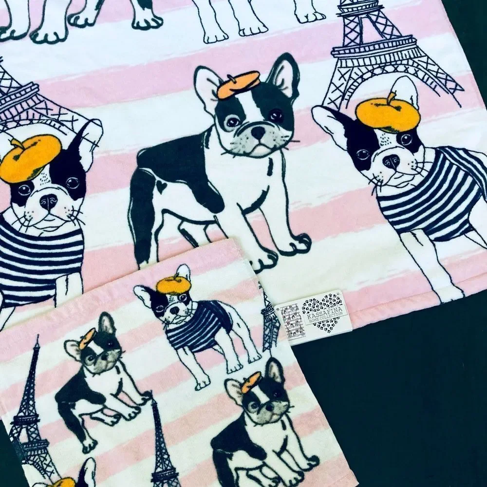 Pink Frenchie Dog Paris Eiffel Tower Cotton Bath Towel Set